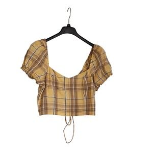 Dizzy Lizzy Yellow Plaid Lace Up Back Puff Sleeve Crop Top XL Cotton Cottagecore